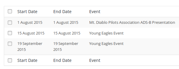 Screenshot of the iCal importer's list of events available for import