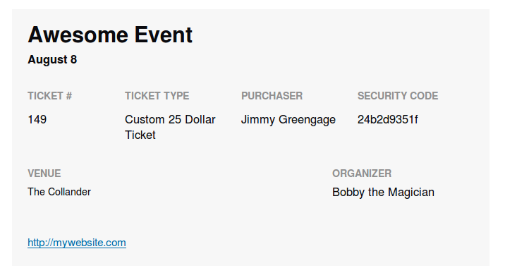 Screenshot of ticket within tickets email