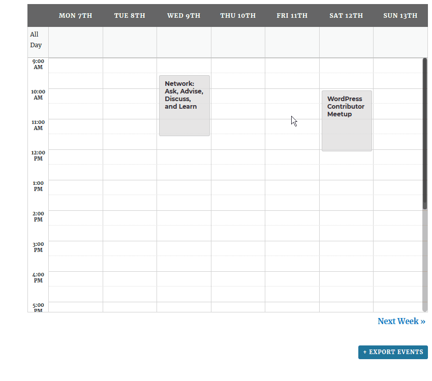 Animated gif of the week view displaying only the hours in which events occur Animated gif of the week view displaying only the hours in which events occur