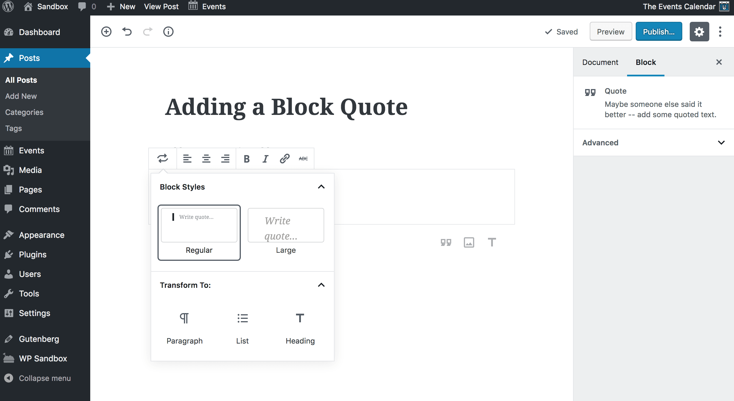 Screenshot: Adding a block quote in the Gutenberg block editor
