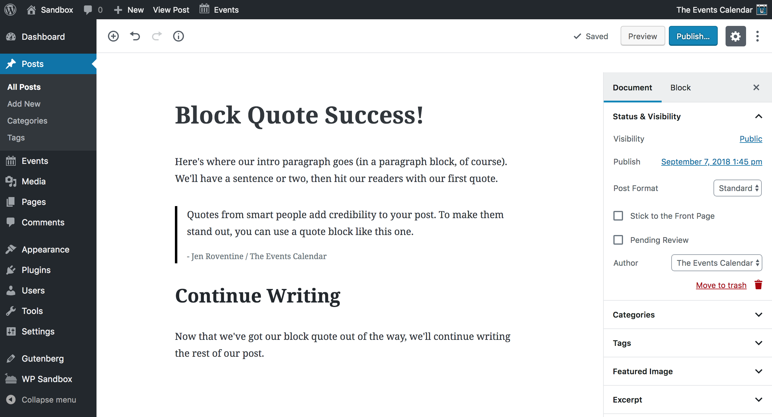 Screenshot: Block Quote frontend