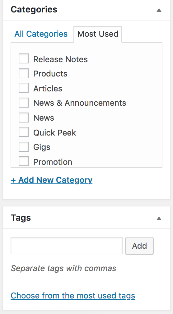 WordPress post editor categories and tags