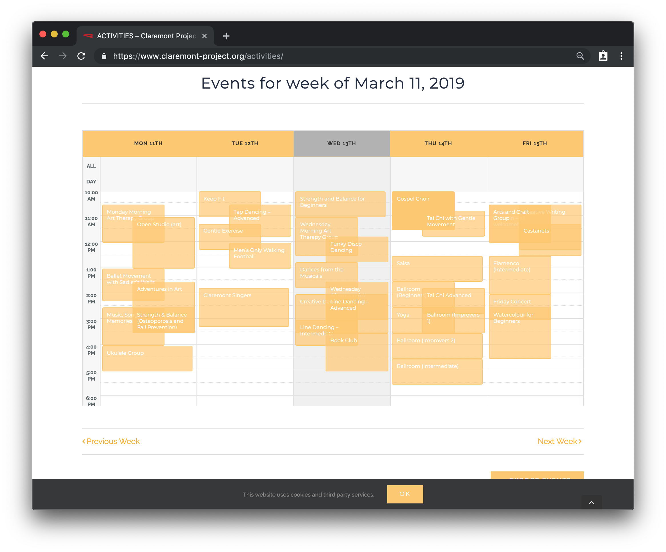 A screenshot of the Clairemont Project's calendar for the week of March 11. Each day of the week is a column of events marked in dark yellow.