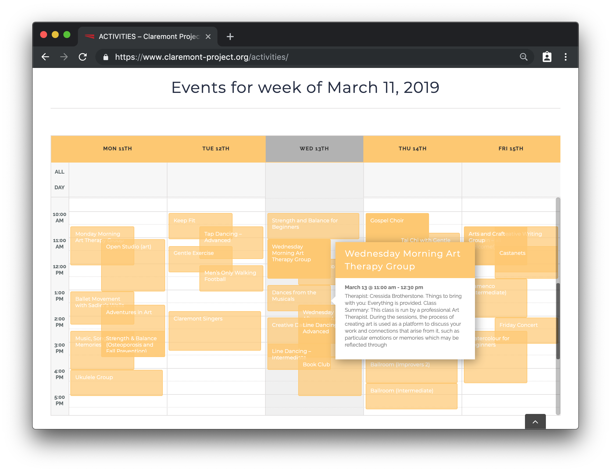 Another screenshot of the Clairemont Project's calendar week view showing a tooltip when the mouse cursor hovers over an event, displaying additional event details, including an excerpt of the event description.