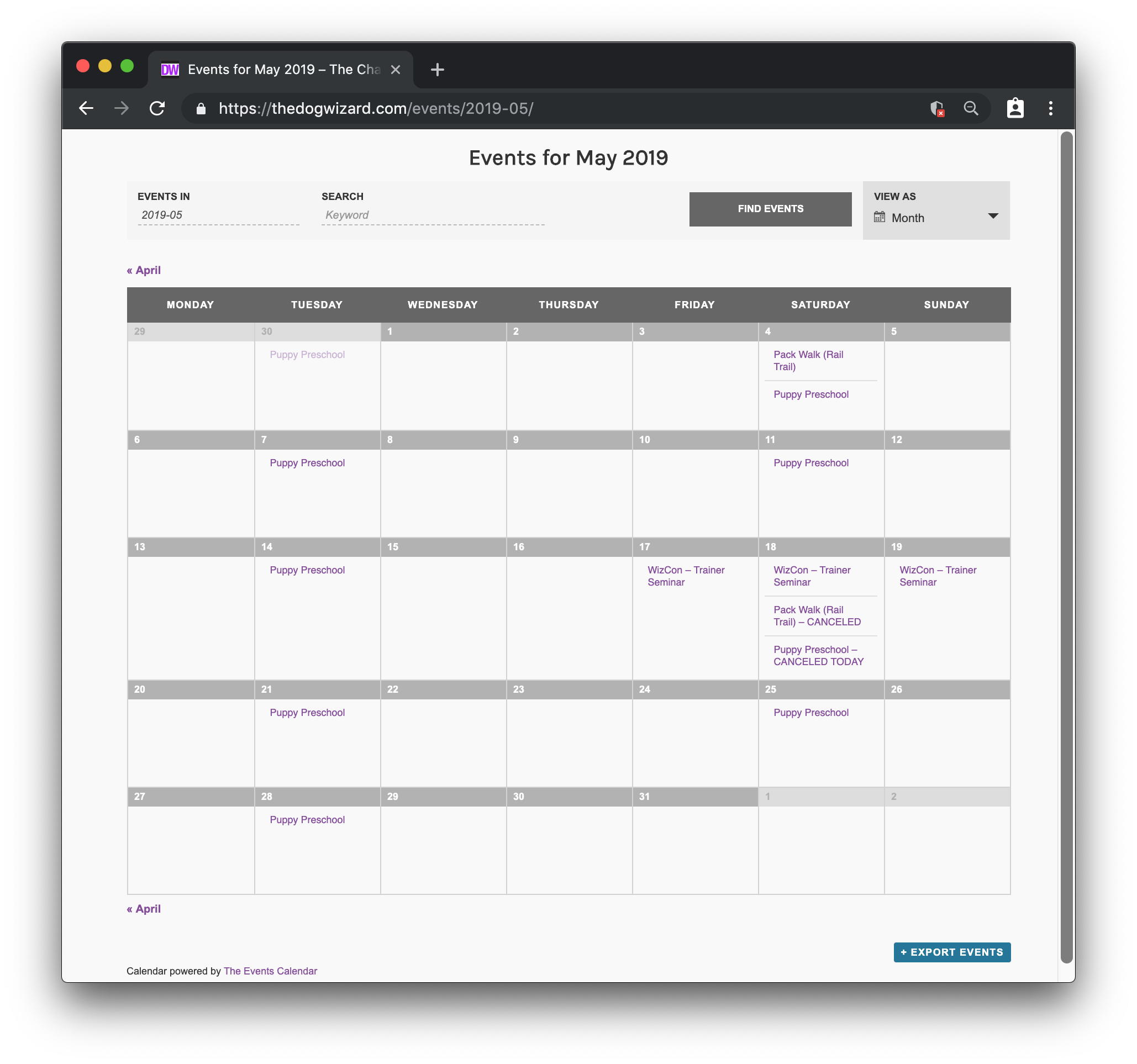 A screenshot of The Dog Wizard website calendar for the month of May 2019.