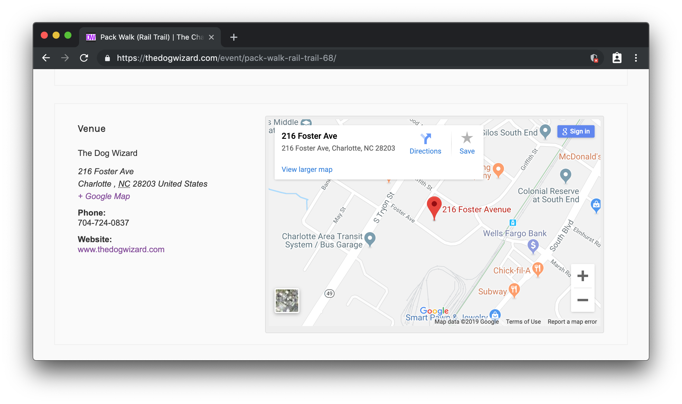 A screenshot of a Google Map embedded in the event on The Dog Wizard event calendar.