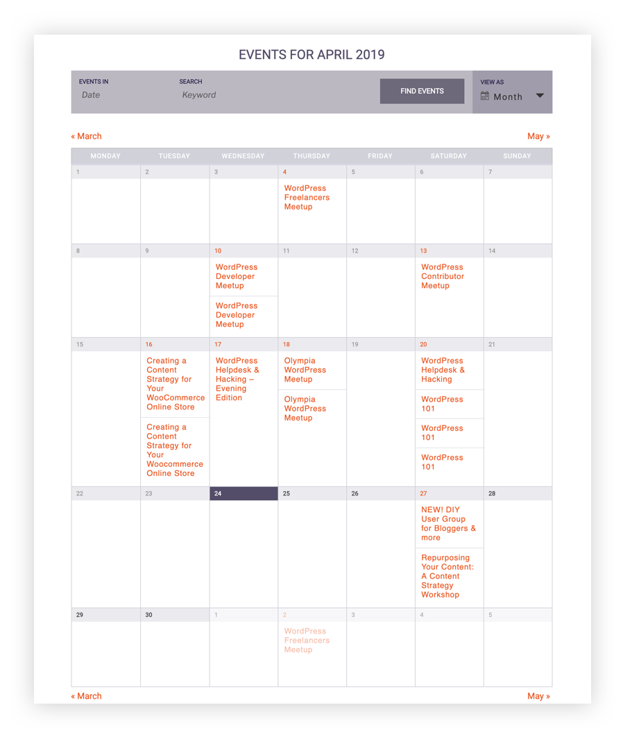 A screenshot of the WPSeattle Meetup event calendar for the month of April 2019.