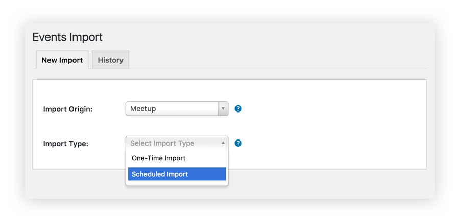 A screenshot of the Event Aggregator import screen showing Meetup as the selected option and a dropdown to define whether this is a one-time or recurring import.