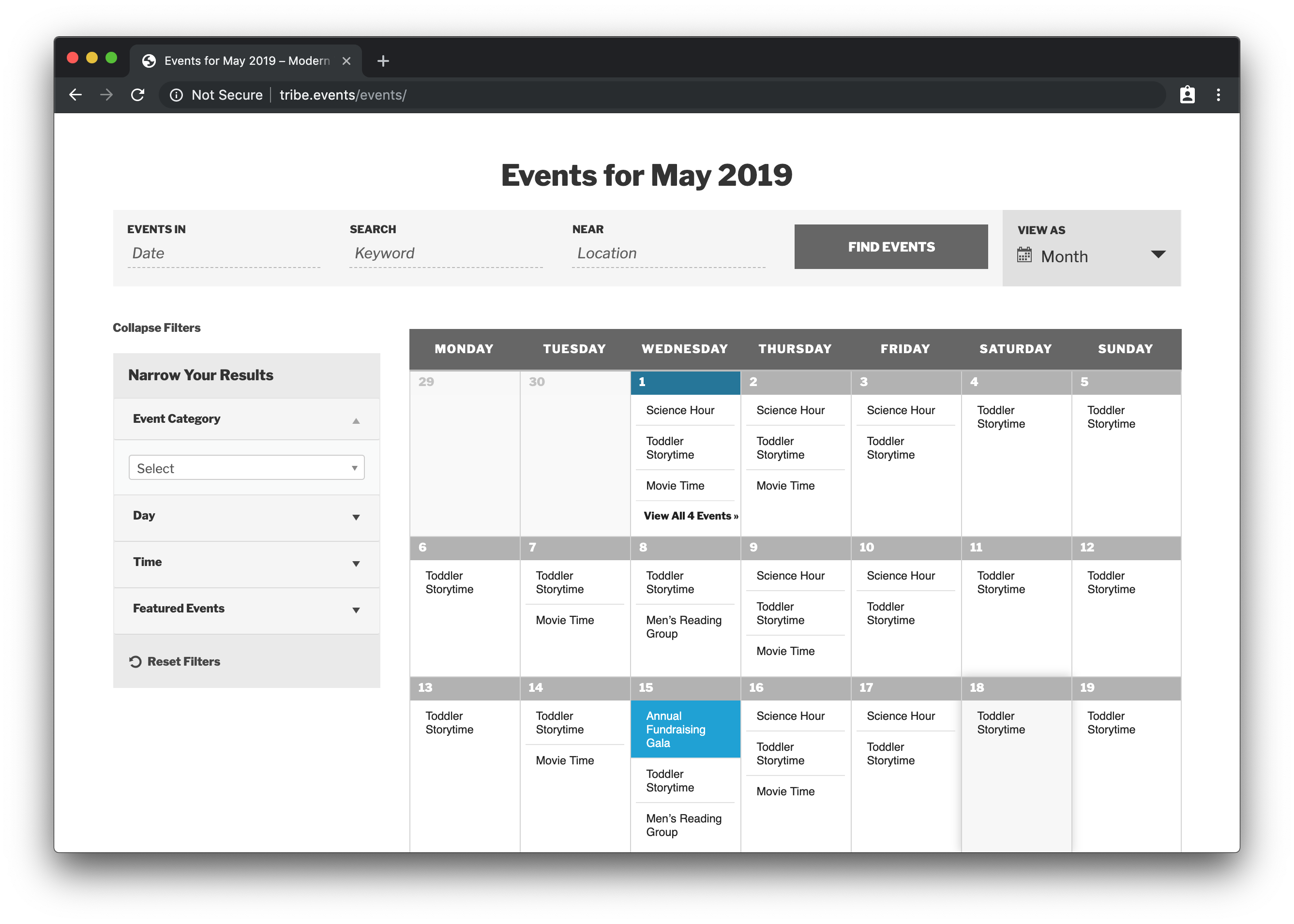 A screenshot of a website using The Events Calendar with events in a month grid view. The calendar is on the left and a sidebar containing a list of filters is on the right, including filters for Event Category, Day, Time and Featured.