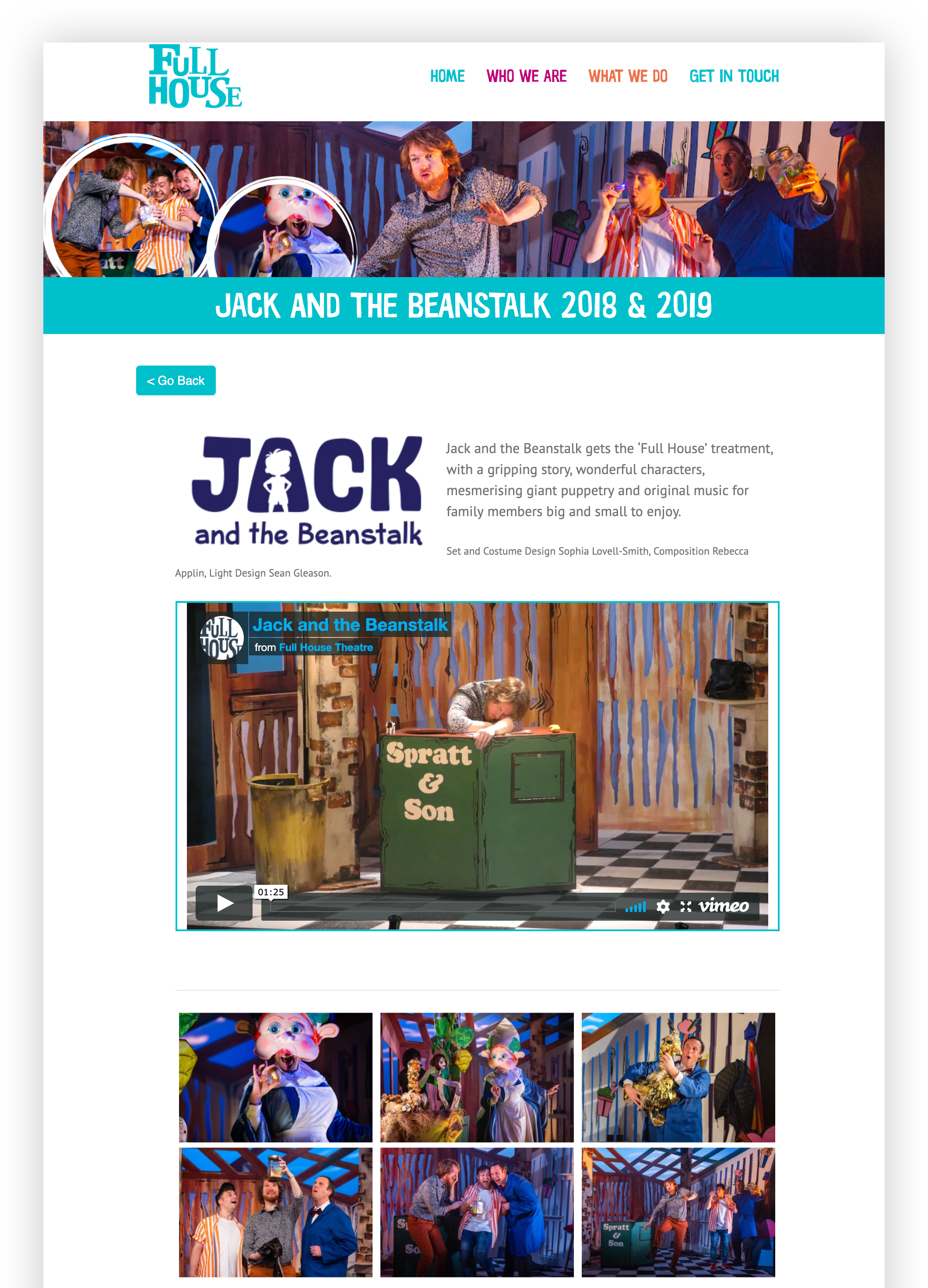 A screenshot of a Full House performance event page for Jack and the Beanstalk. There an intro paragraph followed by an embedded video and then an embedded gallery of six photos.