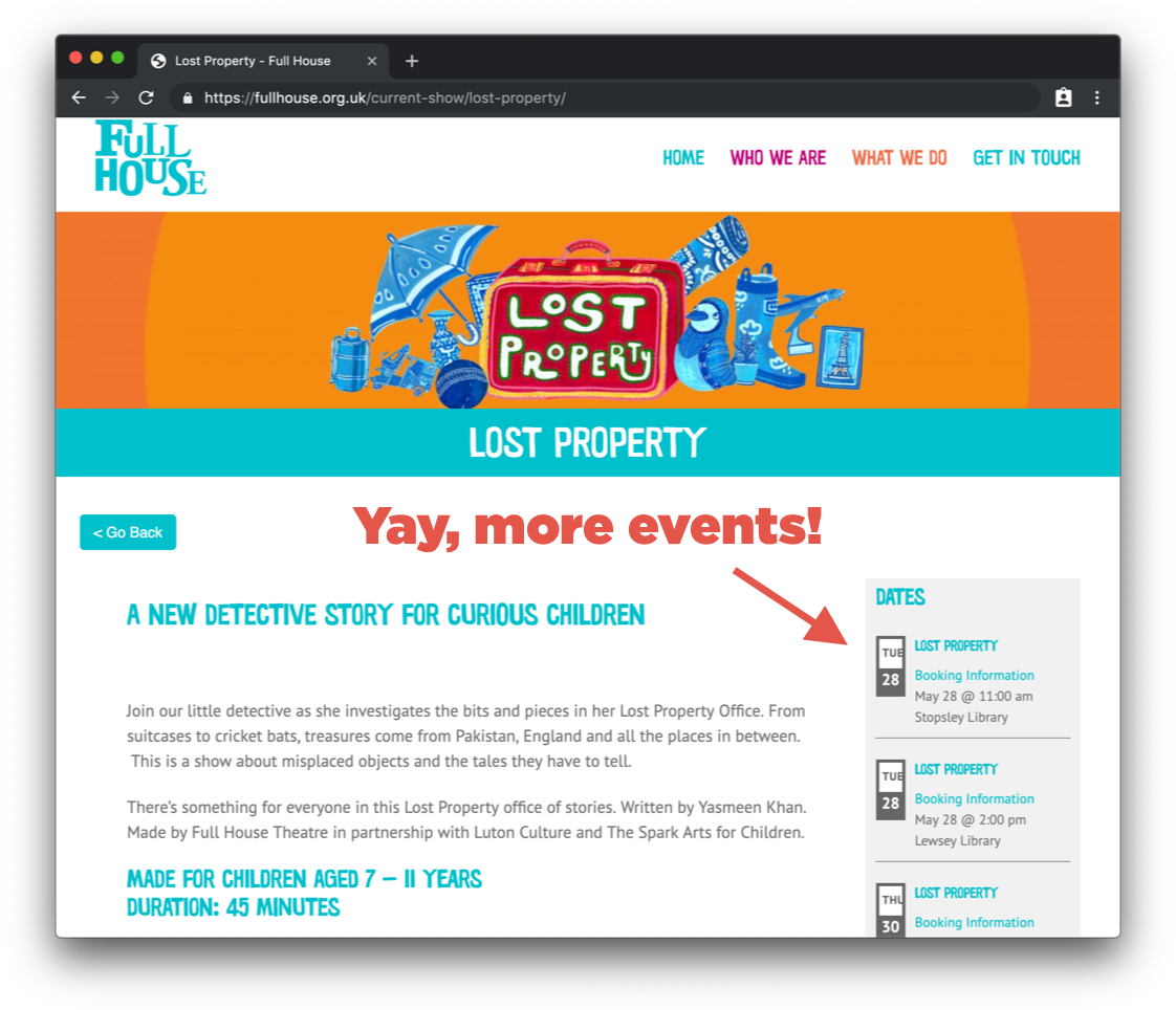 A screenshot of an upcoming event on the Full House website. There is event information in the main area of the page on the left-hand side, then a sidebar that lists more upcoming events inside of an embedded widget.
