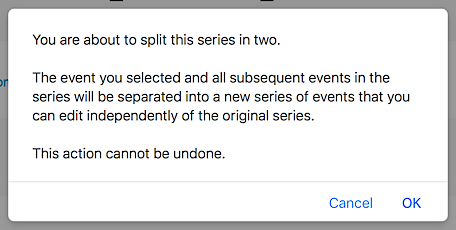 Dialog box that appears when splitting an event series in two