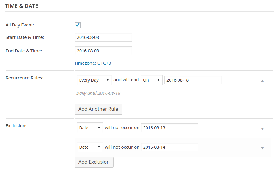 Daily recurring event with two date-based exceptions