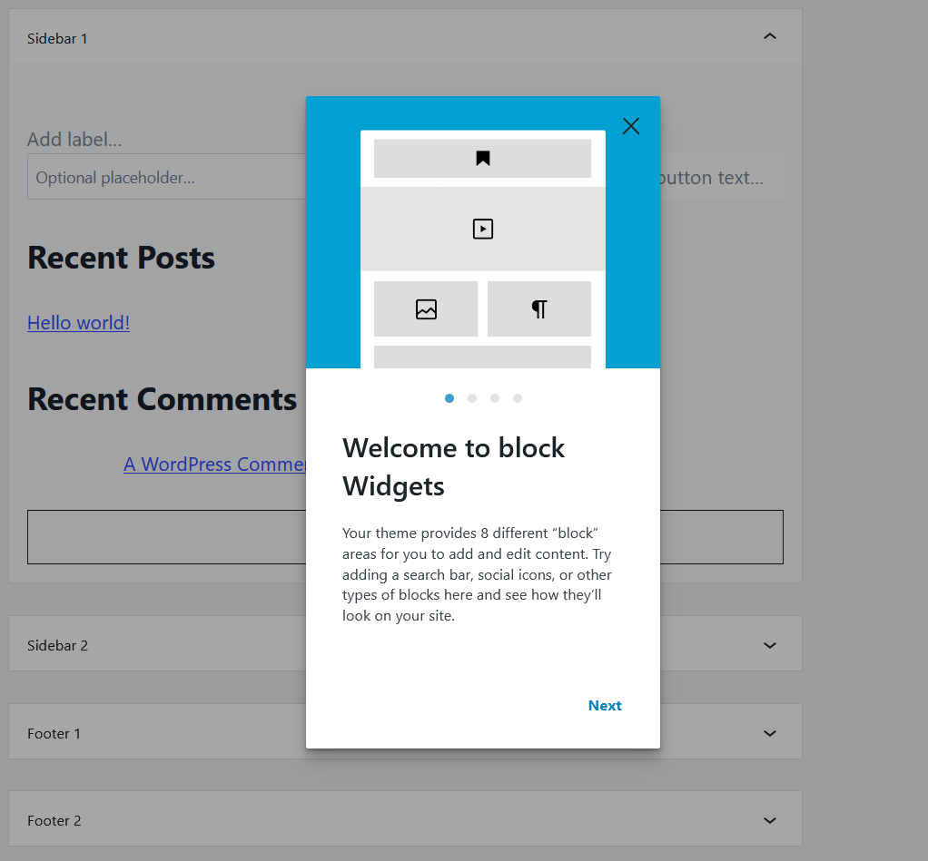 A modal popup that explains why Widgets are being converted into blocks