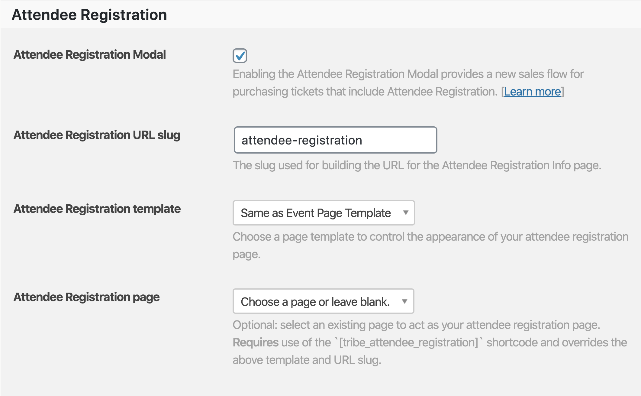 Attendee Registration settings and options