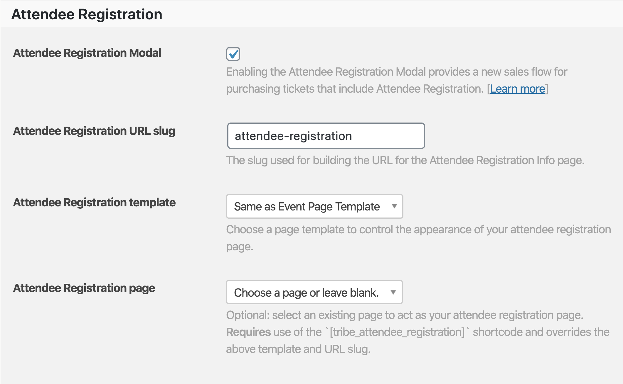 the attendee registration settings page 
