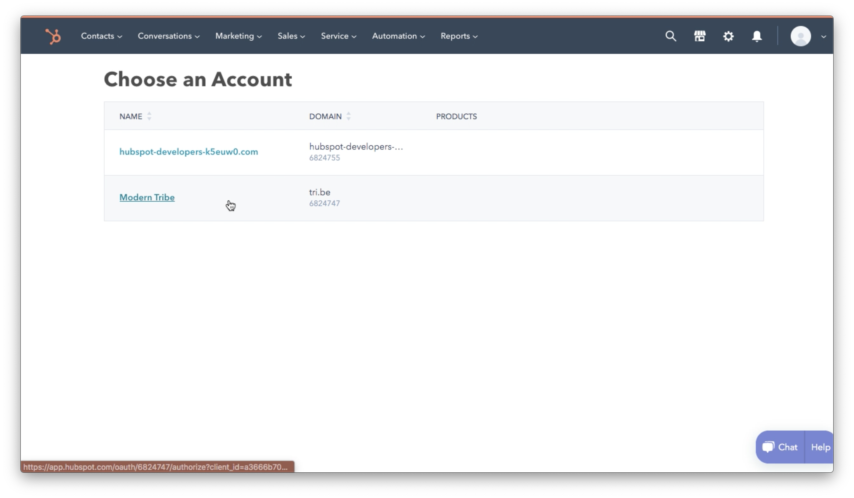 Showing the account options for connecting a HubSpot account with WordPress.
