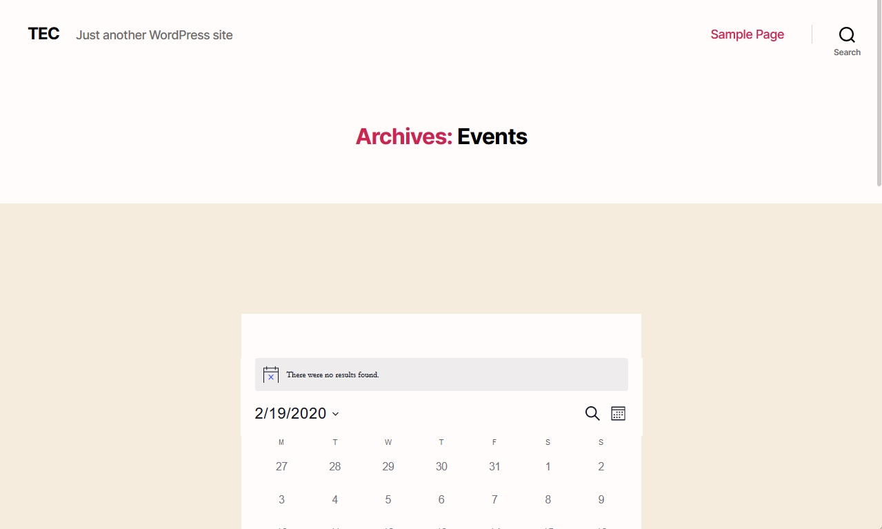Some themes add the word "archives" to the main event page
