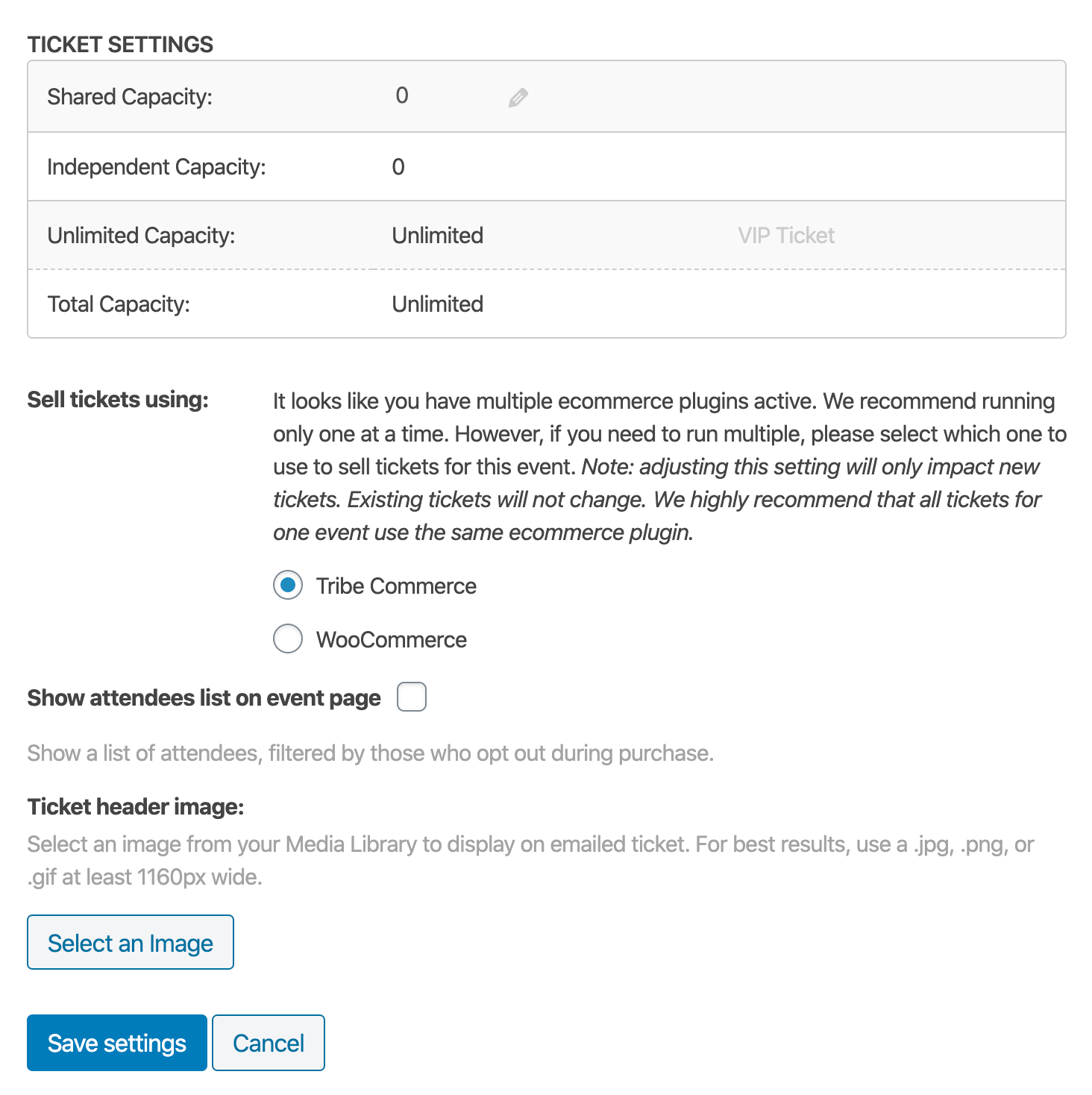 Tribe Commerce tickets settings in the Classic Editor