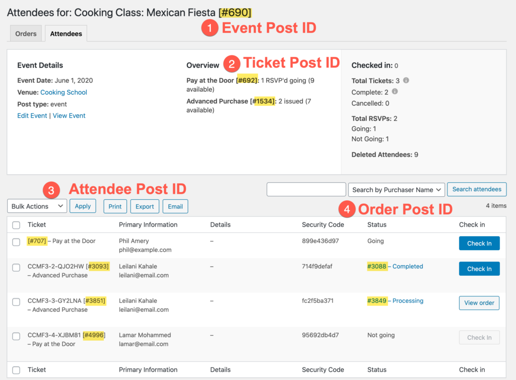 Diagram showing a screenshot of the attendee reports page for an event where the Event Post ID is highlighted on the screen.