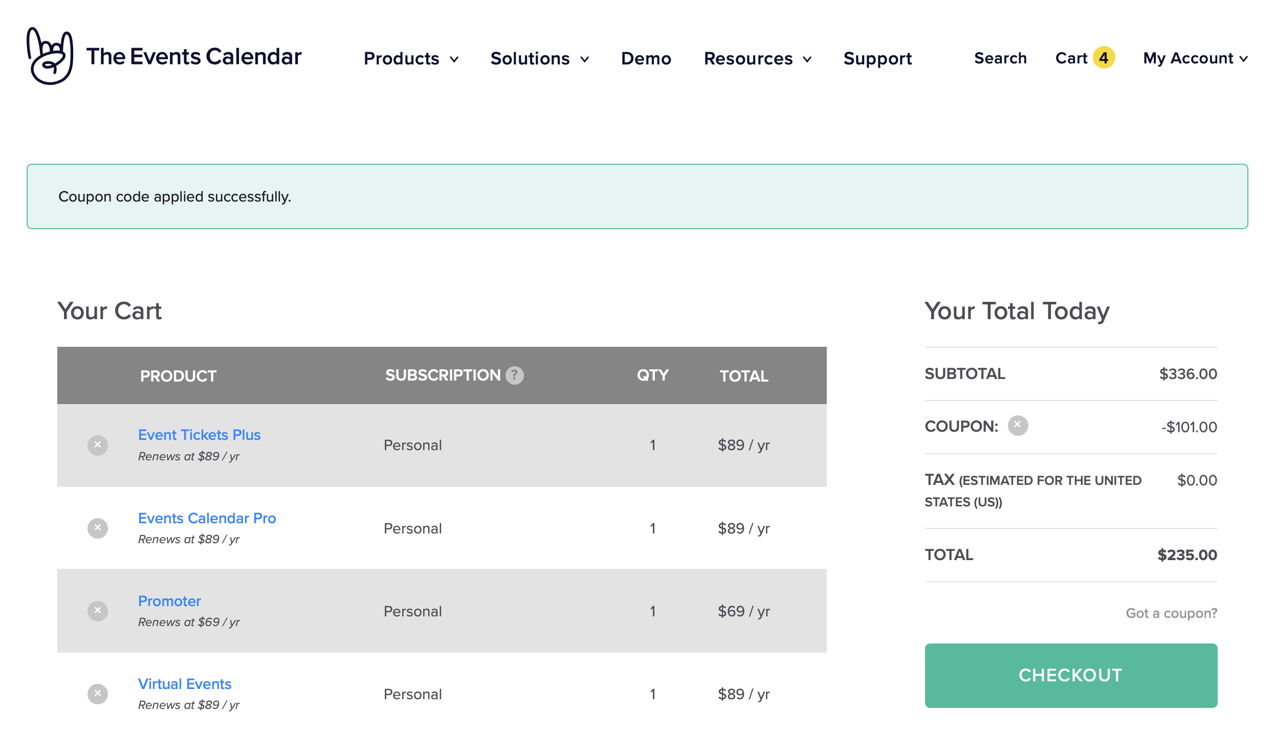 Screenshot of the cart on The Events Calendar website showing the Virtual Events Marketing Bundle, where all four products are listed in the cart next to the total amount.