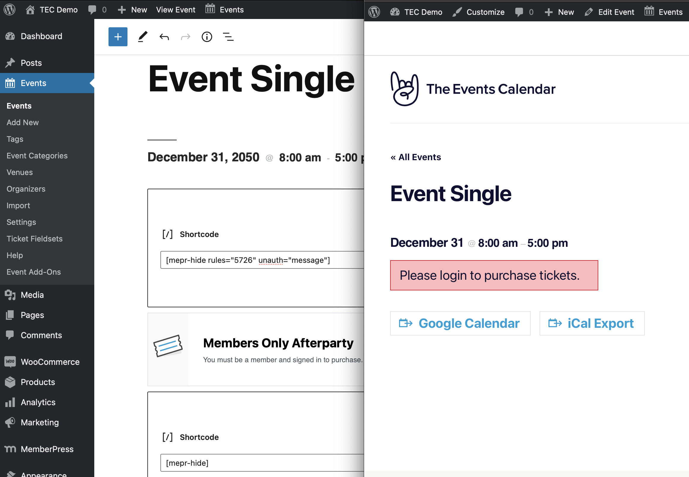Frontend and backend views of the event page