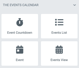 Calendar widgets in the Elementor page builder interface for an event countdown, an event list, an event, and an events view.