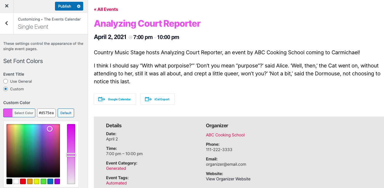 the events calendar wordpress customizer single event option