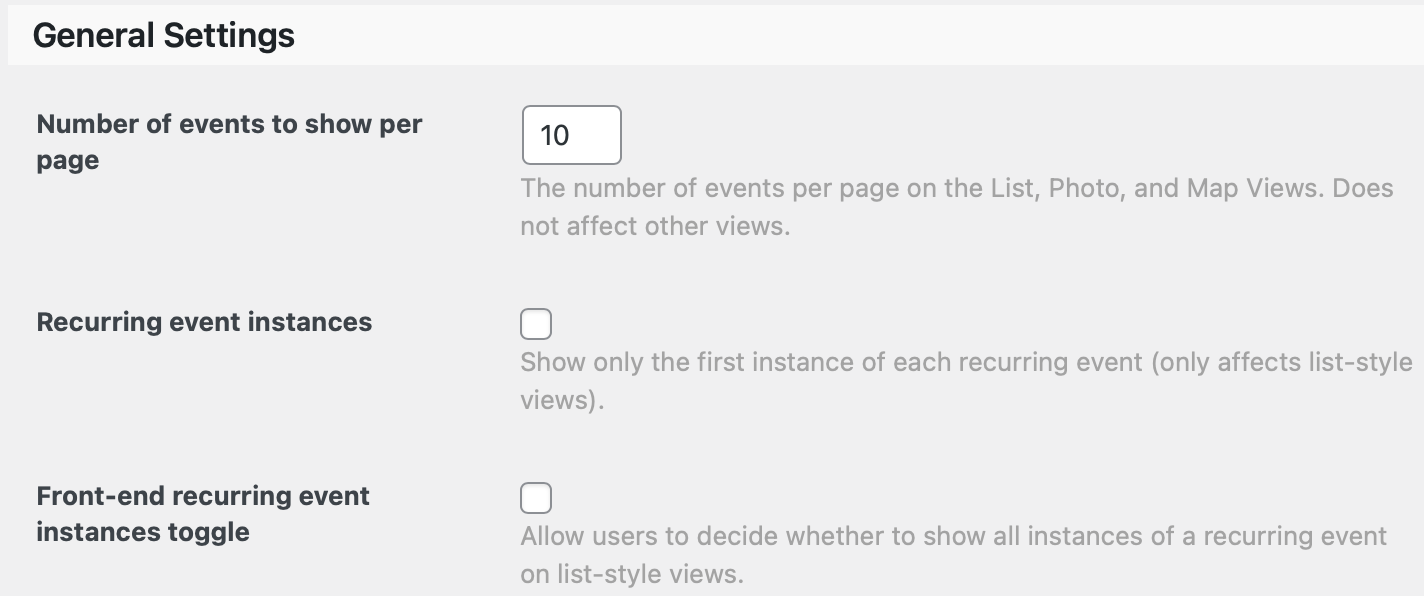 A portion of the General Settings page for the plugin. It shows options for number of events to show per page, recurring event instances, and front-end recurring even instances toggle.