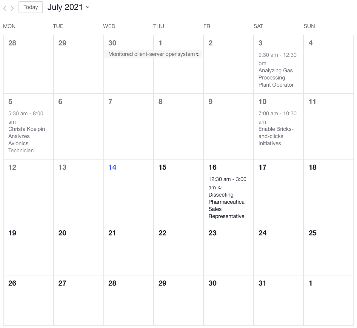The Events Calendar in Month view for July 2021 showing five upcoming events.