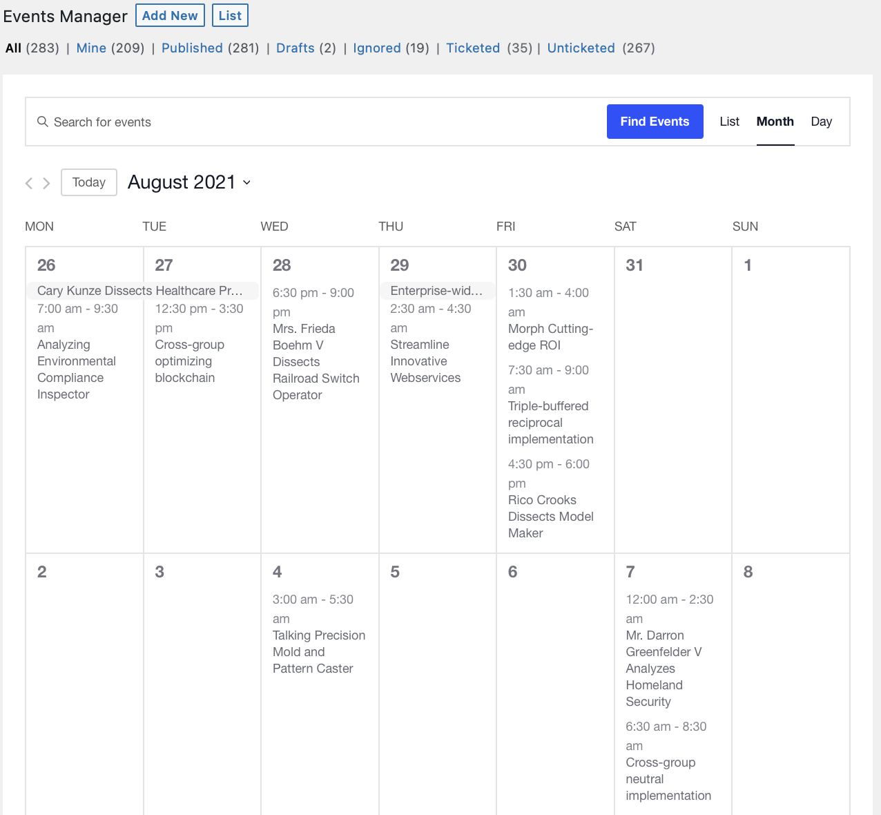 Events Manager in Month View