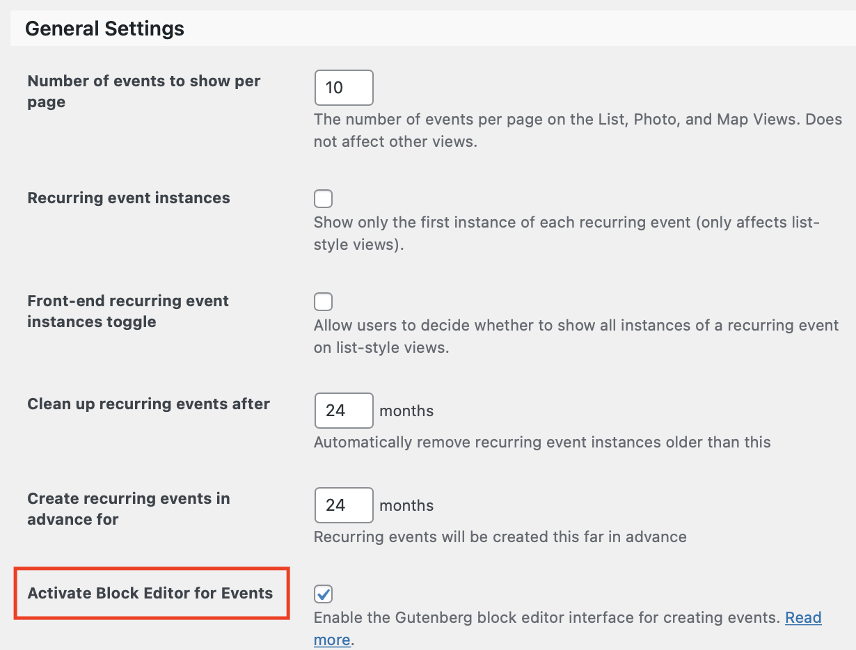 Events > Settings > General to activate the block editor for events