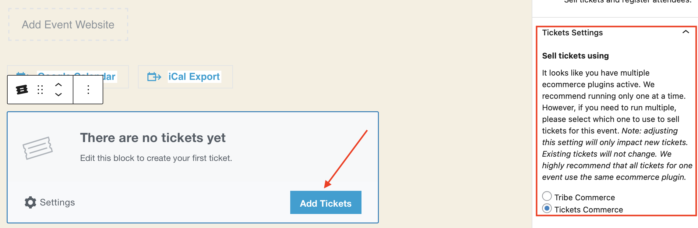 Tickets Settings with Event Tickets Tickets Commerce