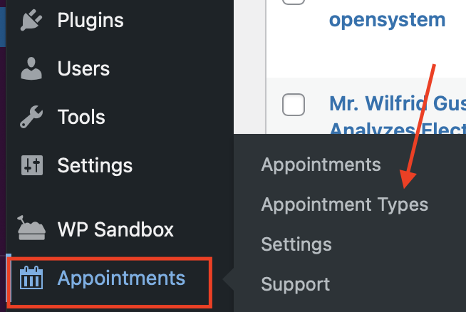 Appointments > Appointment Types in the WordPress Dashboard.