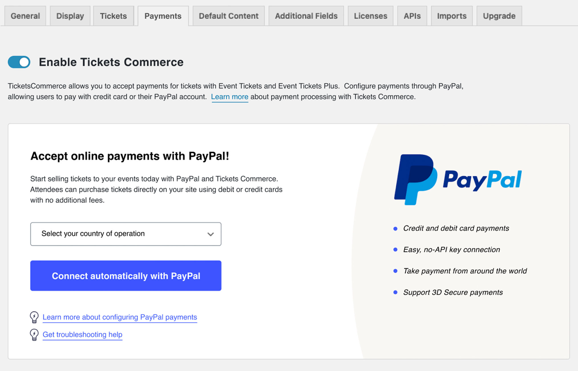 Enable Tickets Commerce under Events Settings > Payments