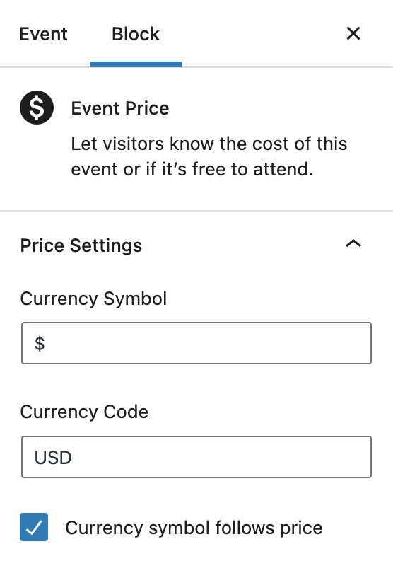 Event Cost field in the Block Editor