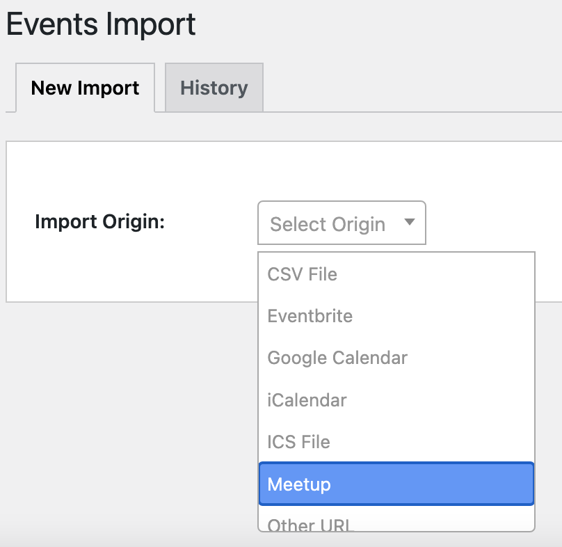 Select the Meetup source from the dropdown to import events from Meetup