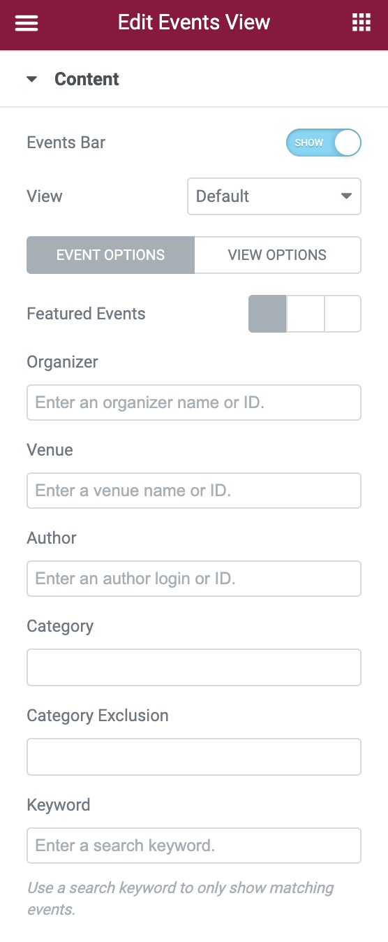Events View widget options