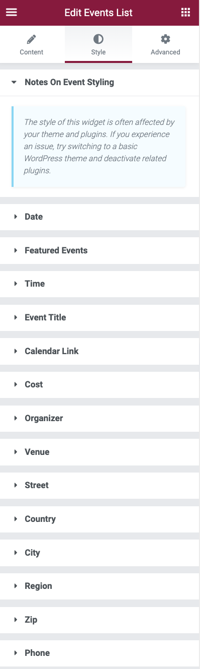 Elementor Events List style tab