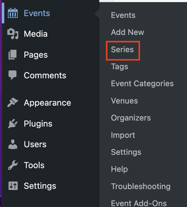 Events Series in the WordPress Dashboard