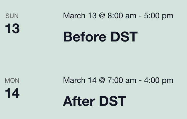 An example of occurrences in a recurring event happening before and after a DST change.