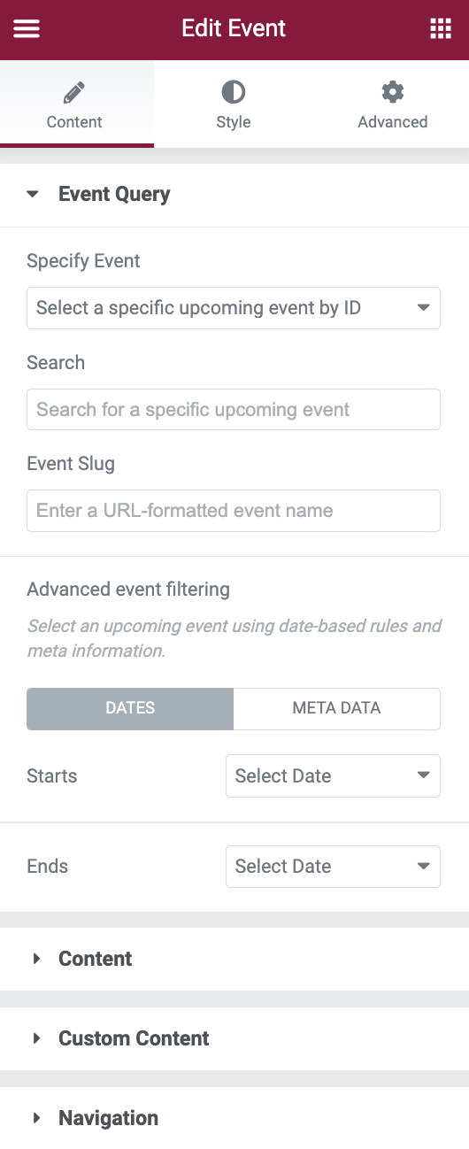 Event widget with Elementor