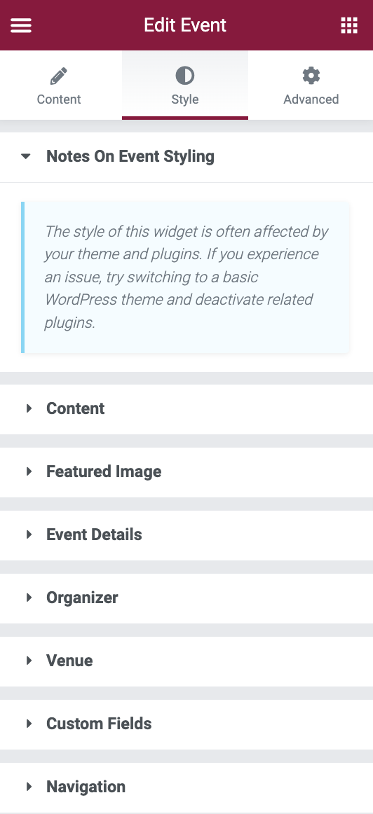 Event widget style tab for Elementor