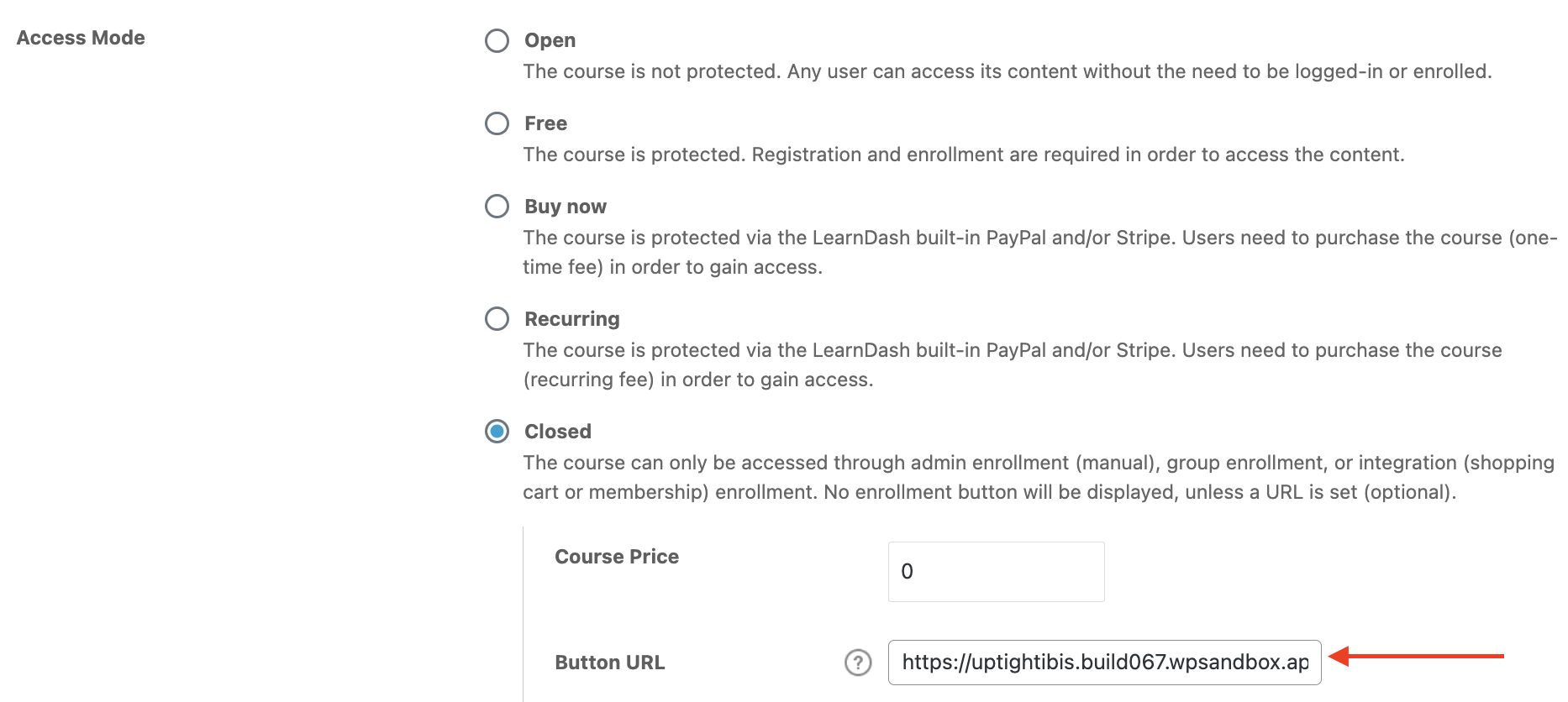 Add button URL to LearnDash course page