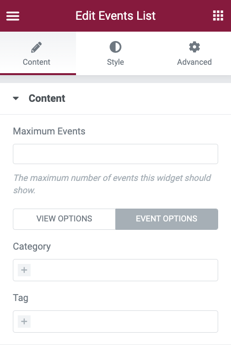 Events List Elementor widget