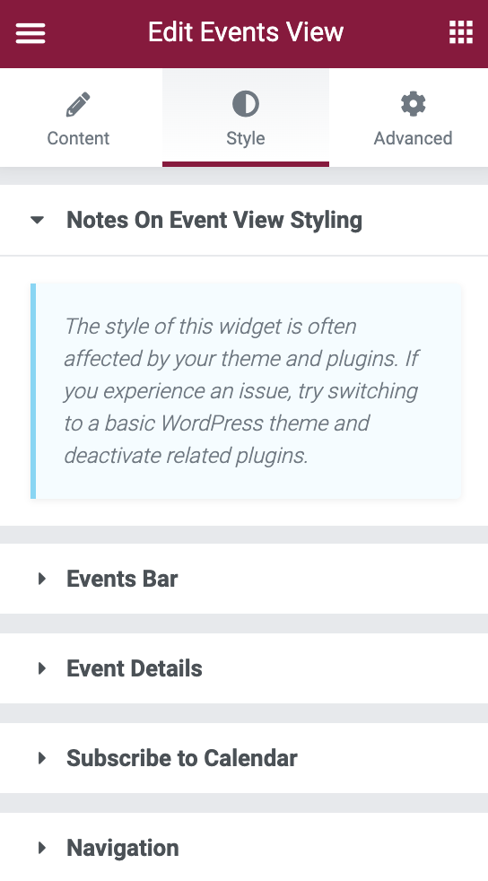 Style tab on Events View widget