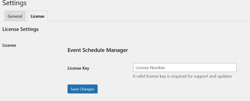 The License tab where users input their license key to receive product updates and support